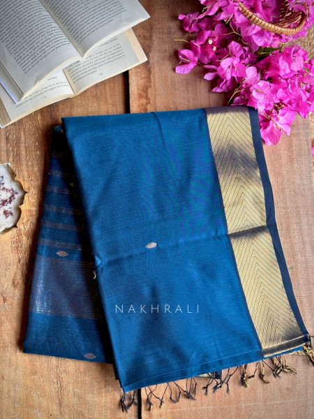 Maahishmati Blue Maheshwari Saree with Zari Border