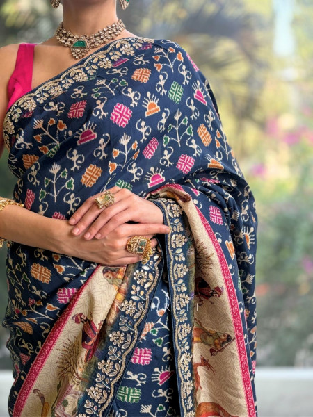 Aarna Blue Crepe Silk Printed Saree with Gota Patti Work