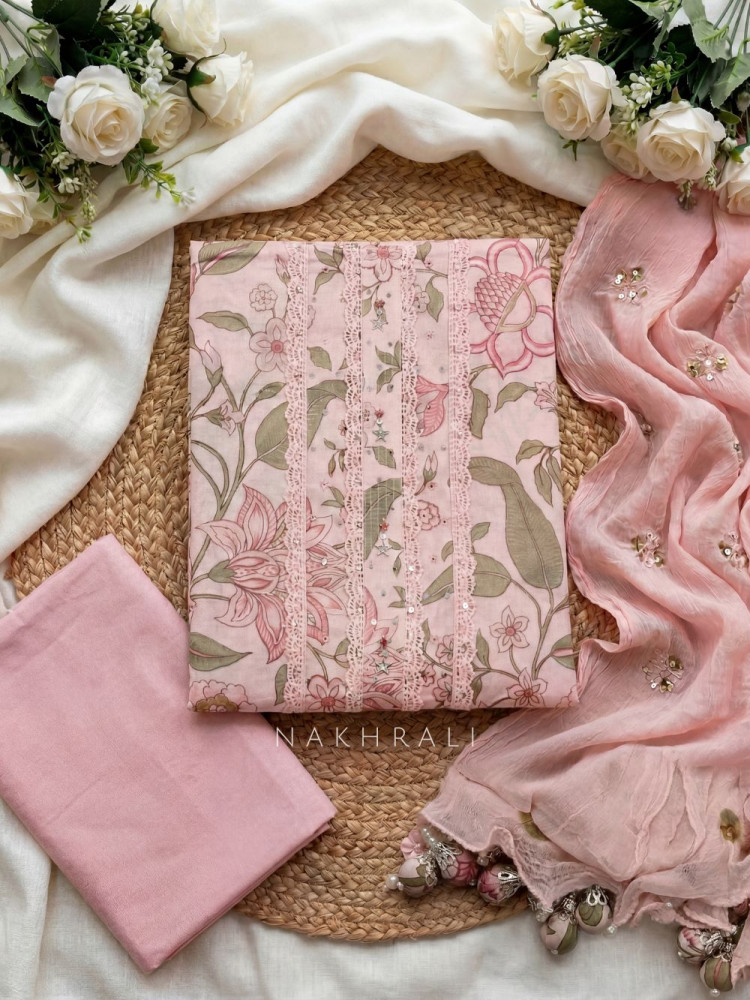 Image of Bloomira Pink Floral Printed Dress Material with Lace Detail