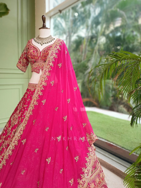 Dastaan Magenta Raw Silk Bridal Lehenga