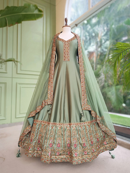 Imperial Blossom Green Silk Blend Anarkali Suit Set