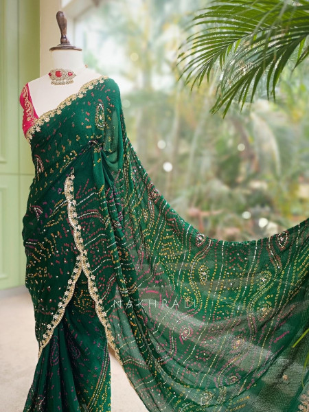 Mehrang Bottle Green Bandhani Saree with Gota Border