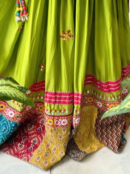 Dholida Green Cotton Silk Chaniya Choli with Embroidery & Mirror Work