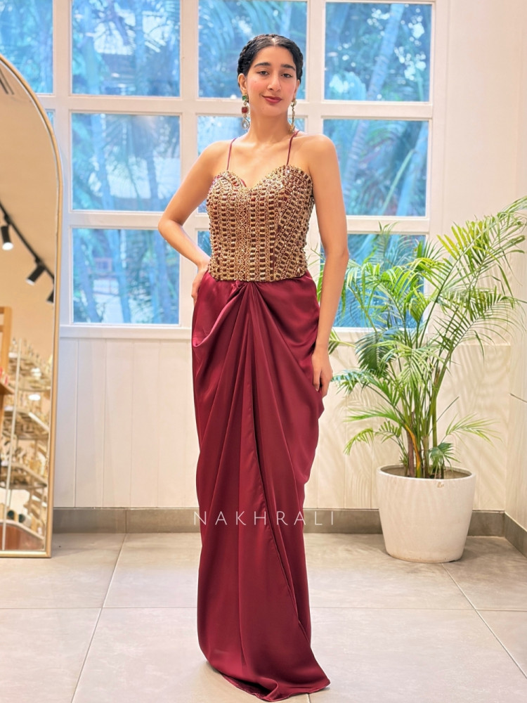 Image of Rubaiyat Wine Satin-Crepe – Indo-Western Crop Top Skirt Set