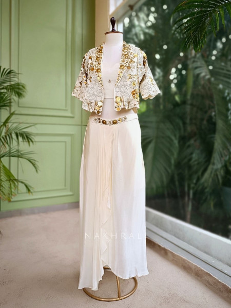 Elysia Ivory Sequin & Mirror Work Indo-Western Set with Embellished Jacket