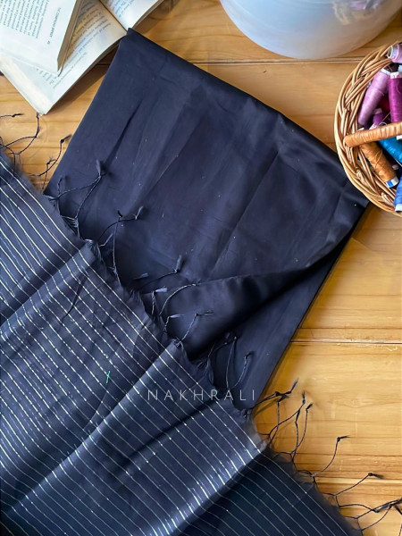Taga Maheshwari Black Dress Material with Zari Stripe Dupatta