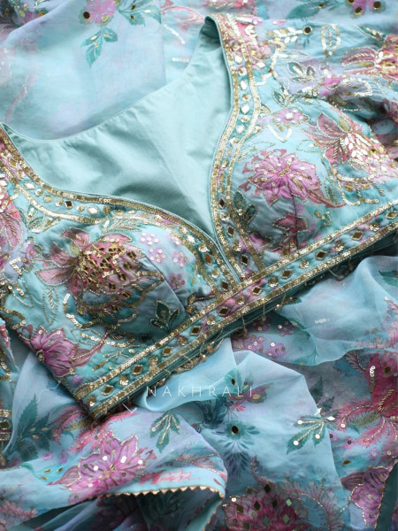 Petal Gleam Firozi Floral Silk Organza Saree