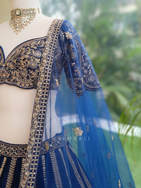 Zoyaara Paisley Blue Silk Satin Lehenga Choli Set