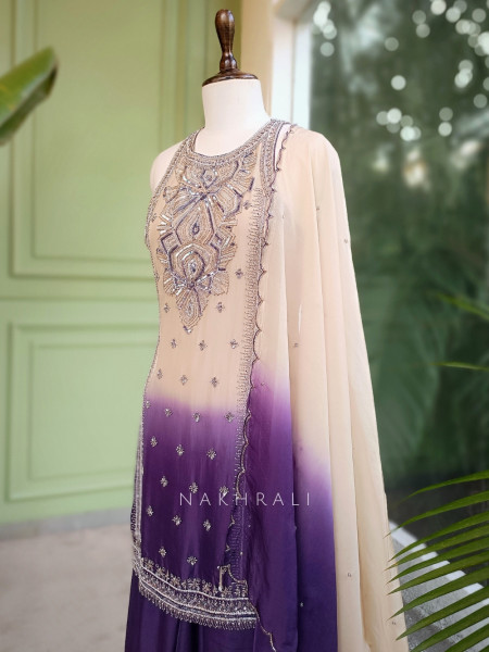 Noorvati Purple Ombre Embroidered Silk Suit Set with Palazzo & Dupatta