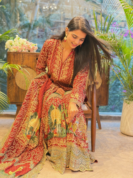 Arnica Maroon Suit Set with Embroidery & Heritage Print