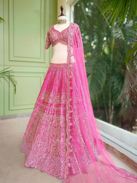 Aarvi Pink Raw Silk Lehenga with Beads, Sequins and Mirror Work