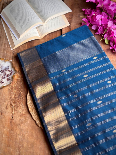 Maahishmati Blue Maheshwari Saree with Zari Border
