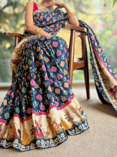 Aarna Blue Crepe Silk Printed Saree with Gota Patti Work