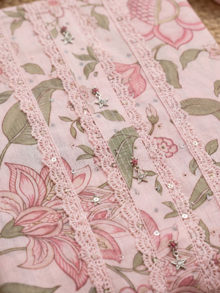 Bloomira Pink Floral Printed Dress Material with Lace Detail