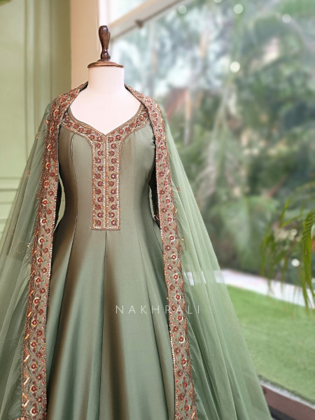 Imperial Blossom Green Silk Blend Anarkali Suit Set