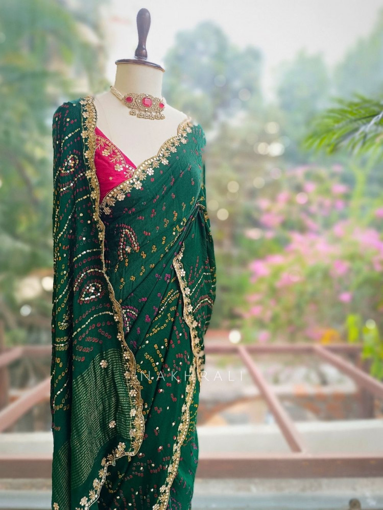 Image of Mehrang Bottle Green Bandhani Saree with Gota Border