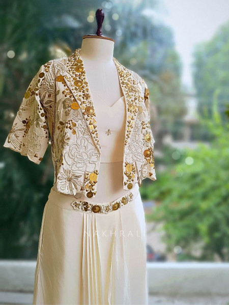 Elysia Ivory Sequin & Mirror Work Indo-Western Set with Embellished Jacket