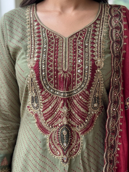 Rup Rekha Green Patiala Suit Set With Resham Zari Yoke Work