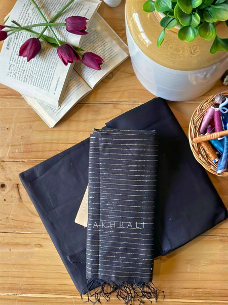 Taga Maheshwari Black Dress Material with Zari Stripe Dupatta