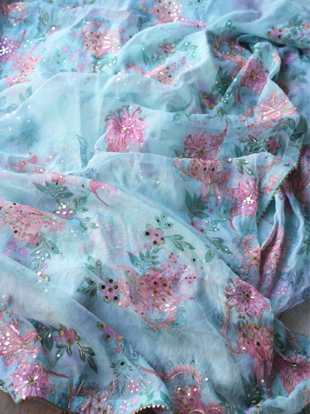 Petal Gleam Firozi Floral Silk Organza Saree