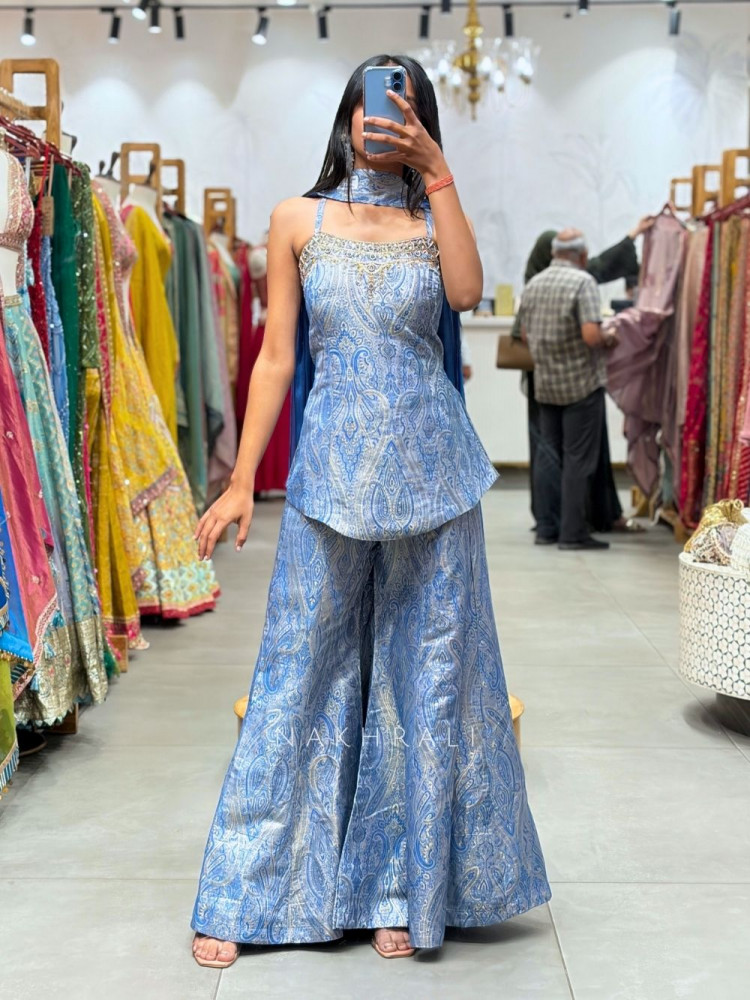 Image of Kaelina Blue Suit Set with Intricate Paisley Embellished Work