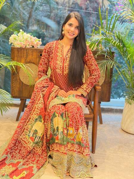 Arnica Maroon Suit Set with Embroidery & Heritage Print