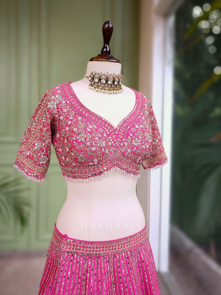 Aarvi Pink Raw Silk Lehenga with Beads, Sequins and Mirror Work