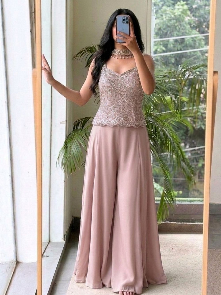Image of Fluidity Dusty Blush Pink Crop Top Palazzo Set With Cutdana Sequin Work