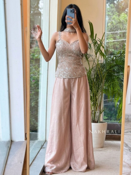 Fluidity Dusty Peach Crop Top Palazzo Set With Cutdana Sequin Work