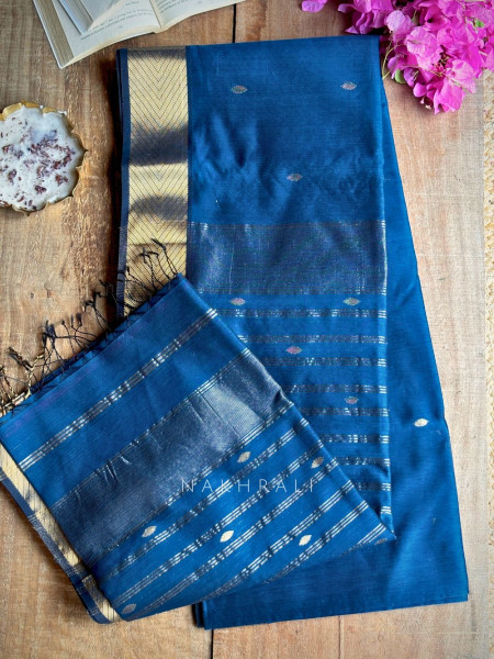 Maahishmati Blue Maheshwari Saree with Zari Border