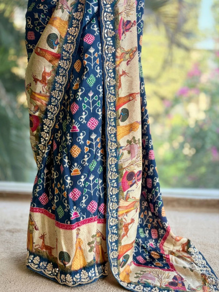 Aarna Blue Crepe Silk Printed Saree with Gota Patti Work