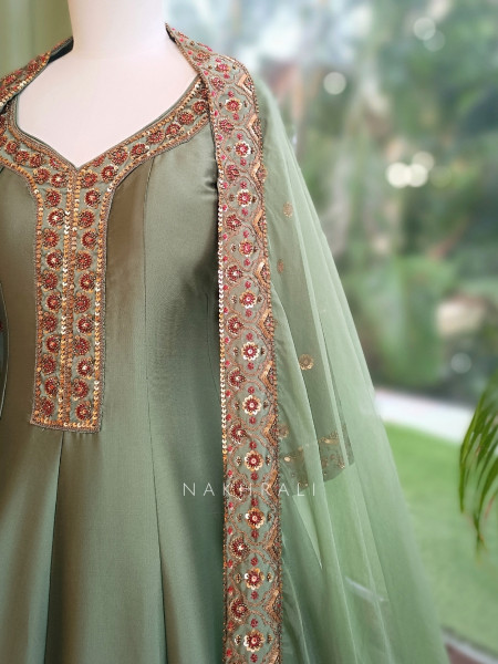 Imperial Blossom Green Silk Blend Anarkali Suit Set