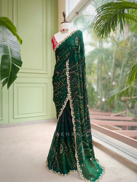 Mehrang Bottle Green Bandhani Saree with Gota Border