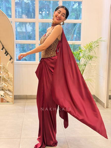 Rubaiyat Wine Satin-Crepe – Indo-Western Crop Top Skirt Set