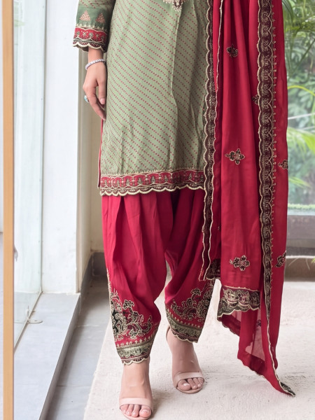 Rup Rekha Green Patiala Suit Set With Resham Zari Yoke Work