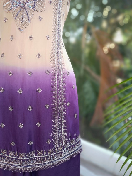 Noorvati Purple Ombre Embroidered Silk Suit Set with Palazzo & Dupatta