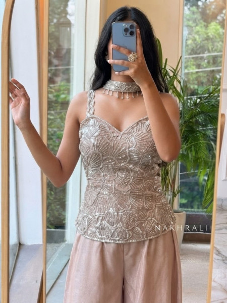 Fluidity Dusty Peach Crop Top Palazzo Set With Cutdana Sequin Work