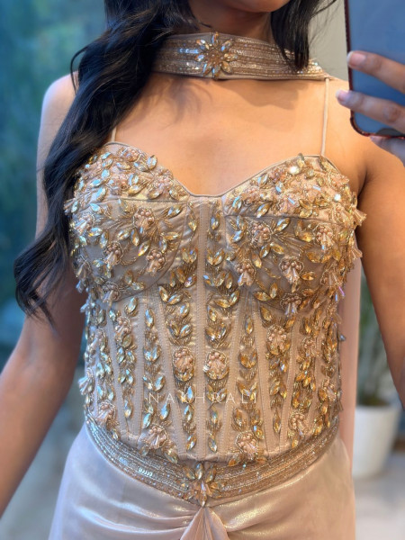 Lustreline Beige Satin-Blend Indo-Western Crop Top Skirt Set