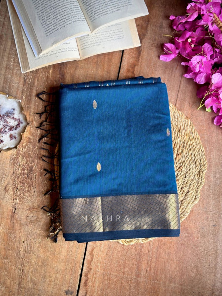 Maahishmati Blue Maheshwari Saree with Zari Border