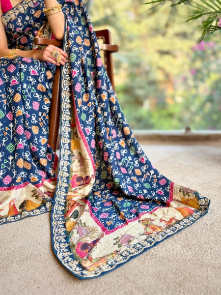 Aarna Blue Crepe Silk Printed Saree with Gota Patti Work