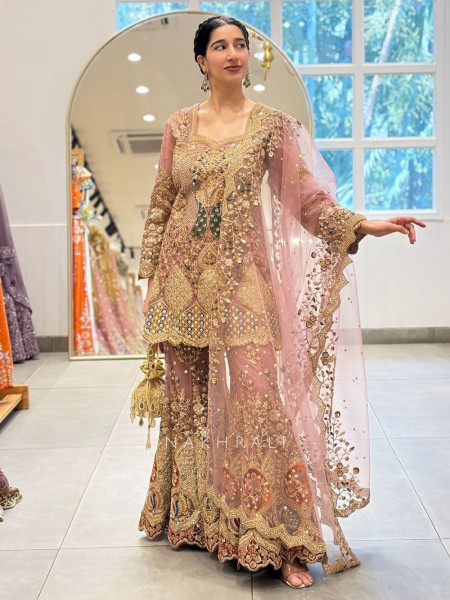 Noor-e-naqsh Onion Net Gharara Set with Mirror and Embroidery