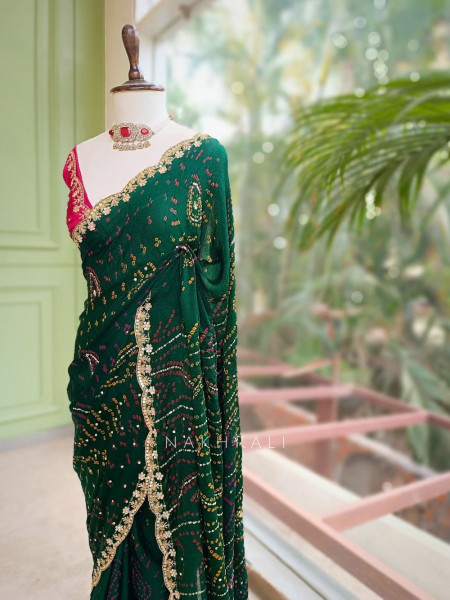Mehrang Bottle Green Bandhani Saree with Gota Border