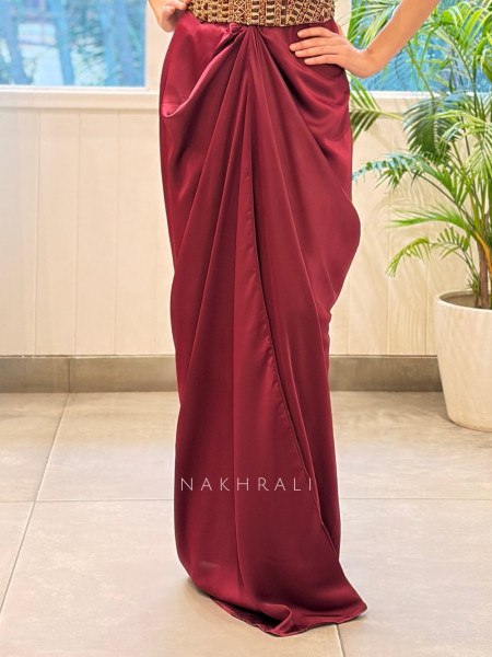 Rubaiyat Wine Satin-Crepe – Indo-Western Crop Top Skirt Set