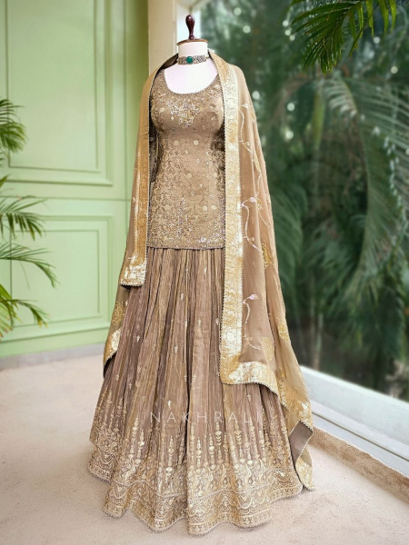 Golden Mocha Sequin & Cut Dana Lehenga Set