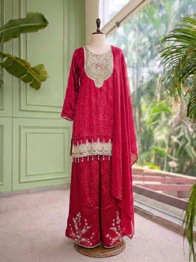 Image of Afsana Maroon Sharara Suit Set With Metallic Yoke &amp; Pearl Tassel Work