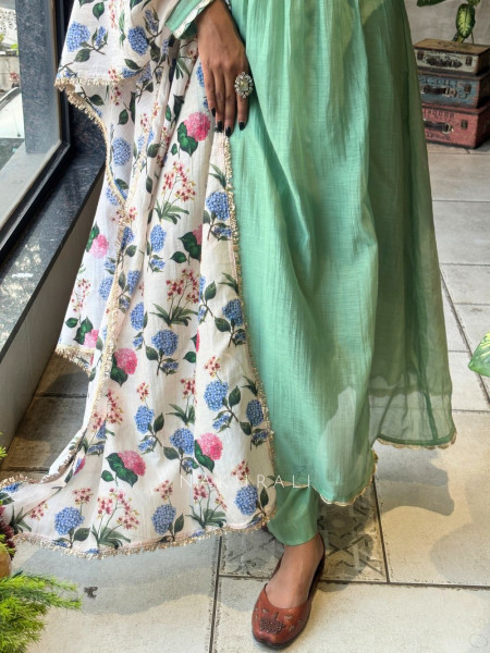 Nilora Green Anarkali Suit Set with Floral Dupatta