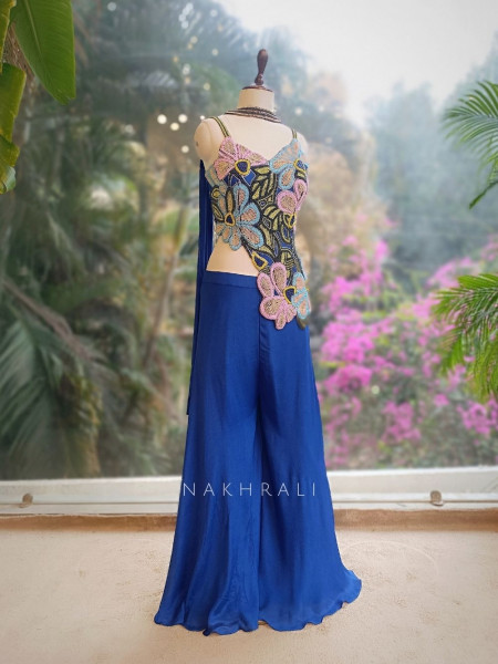 Yevira Blue Bead Embellished Crop Top Palazzo Set with Dupatta