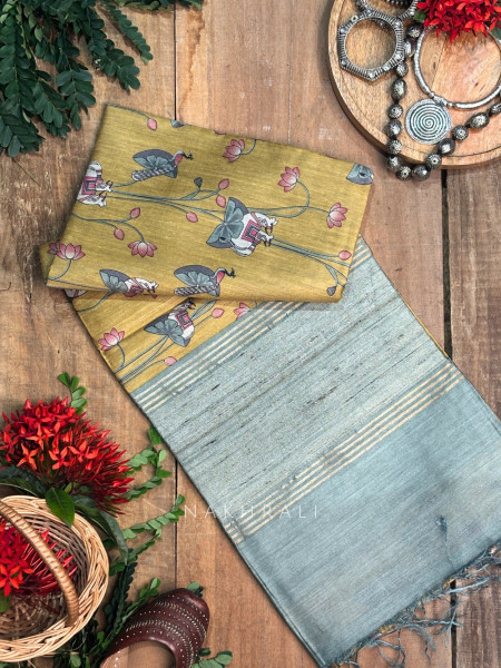 Chitrawali Yellow Tussar Silk Saree with Pichwai Art