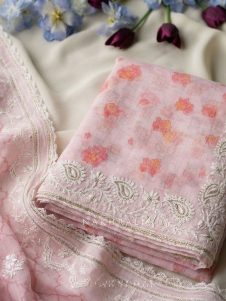 Roselune Pink Floral Printed Dress Material with Embroidered Border