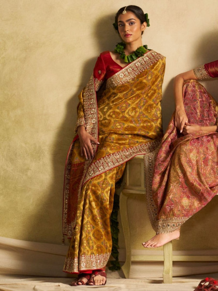 Amber Glow Mustard Dola Silk Saree with Zardozi Border